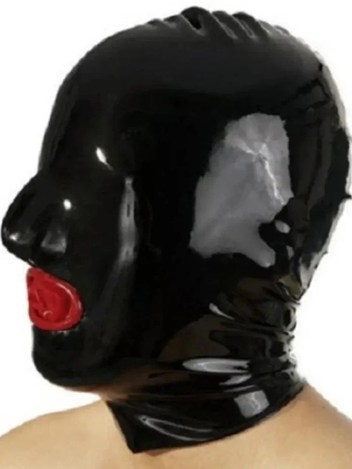 Black Latex Hood with Red Mouth Detail