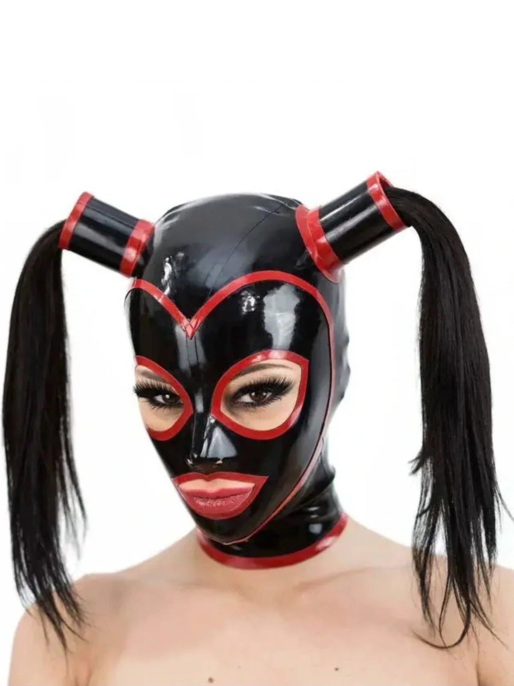 Pigtail Latex Hood — Black & Red