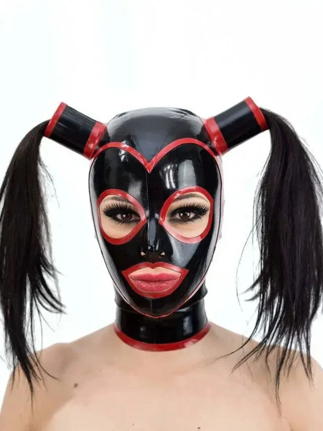 Pigtail Latex Hood — Black & Red