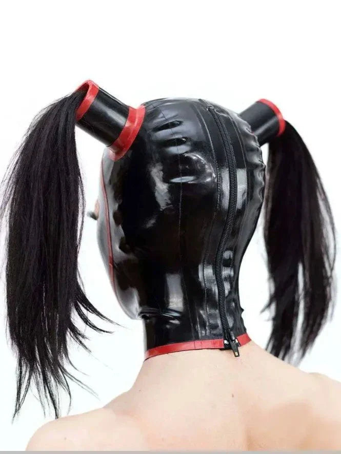 Pigtail Latex Hood — Black & Red