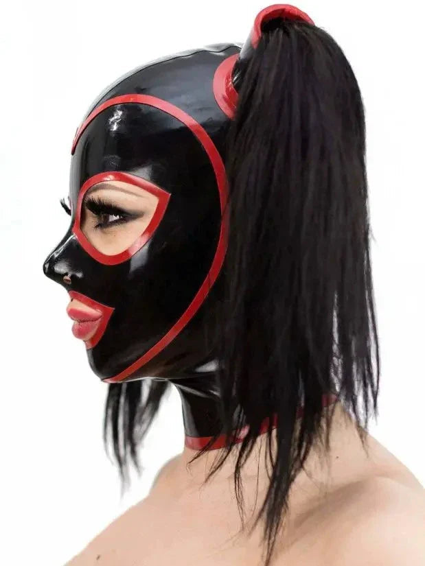 Pigtail Latex Hood — Black & Red