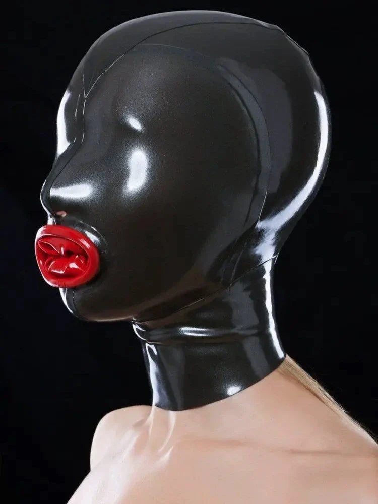 Black Latex Hood with Mouth Gag — Red Lip Detail