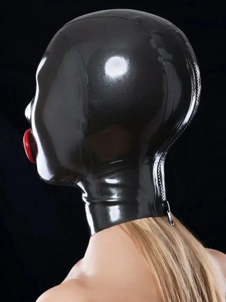 Black Latex Hood with Mouth Gag — Red Lip Detail