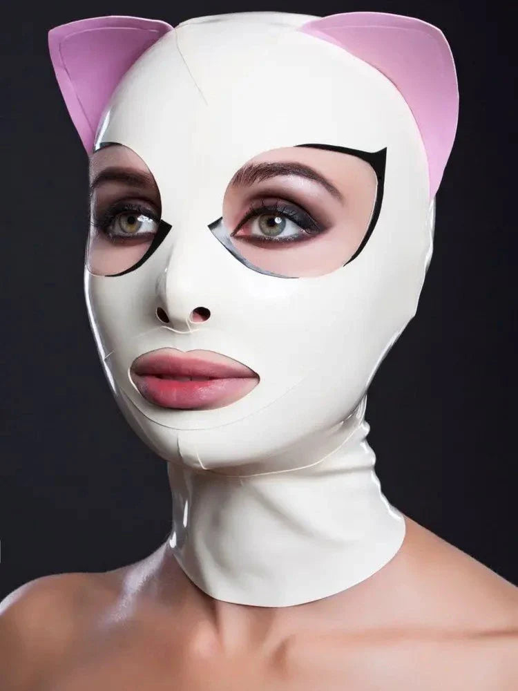 Kitty Princess Cat Ear Latex Hood — White & Pink