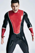 Latex Men’s Catsuit with V-Panel Chest and Fingerless Gauntlet Cuffs – Black, Red and White