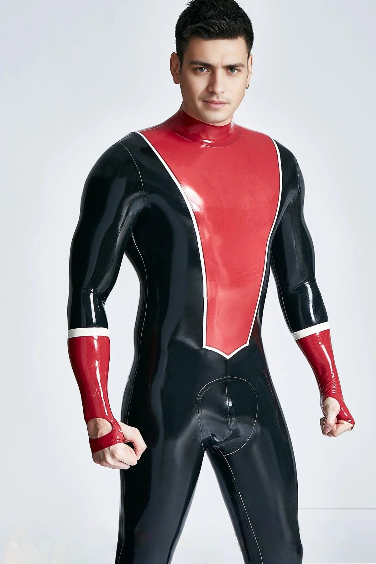 Latex Men’s Catsuit with V-Panel Chest and Fingerless Gauntlet Cuffs – Black, Red and White