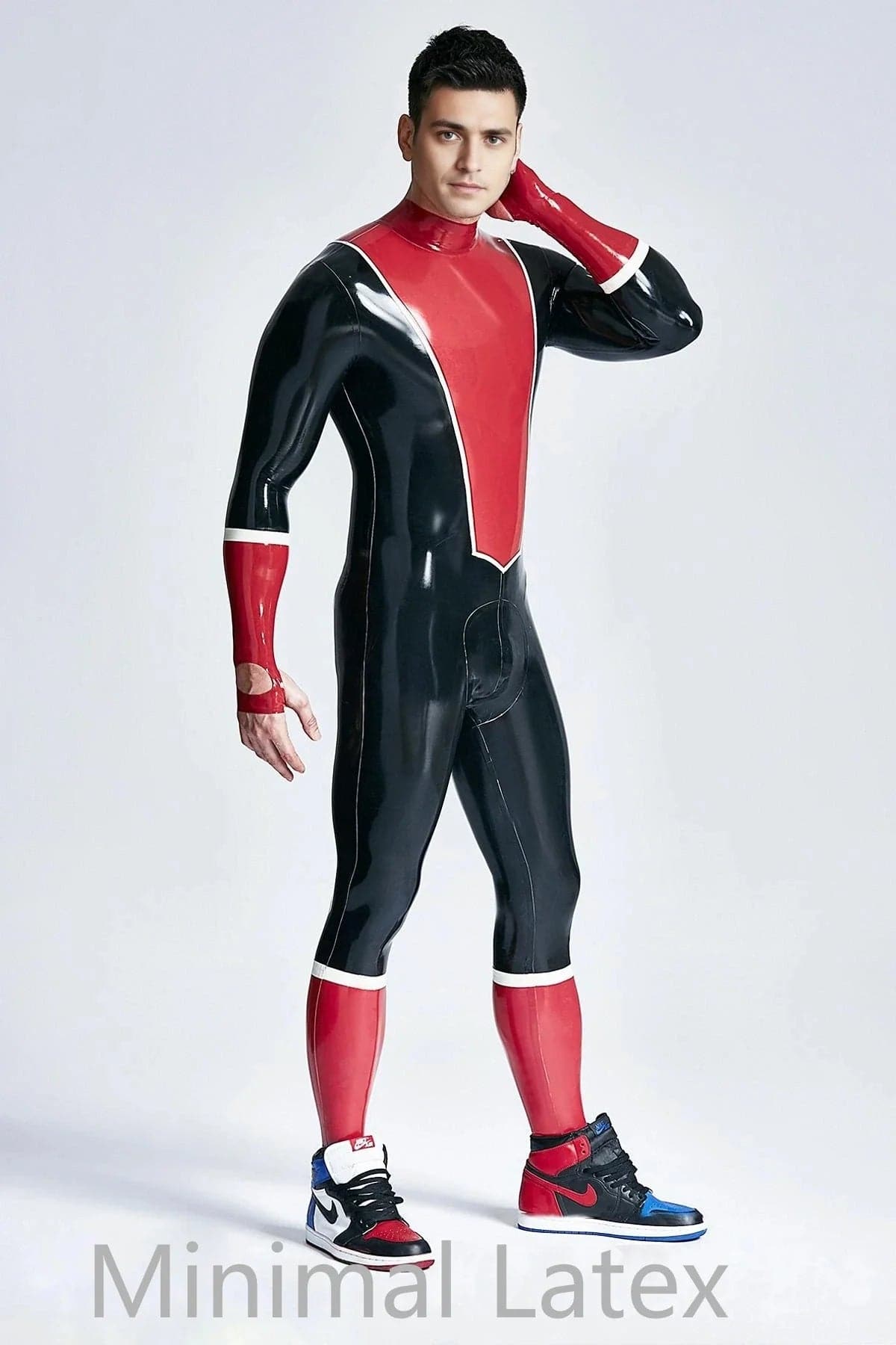 Latex Men’s Catsuit with V-Panel Chest and Fingerless Gauntlet Cuffs – Black, Red and White