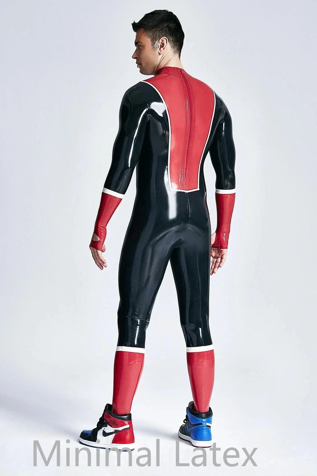 Latex Men’s Catsuit with V-Panel Chest and Fingerless Gauntlet Cuffs – Black, Red and White