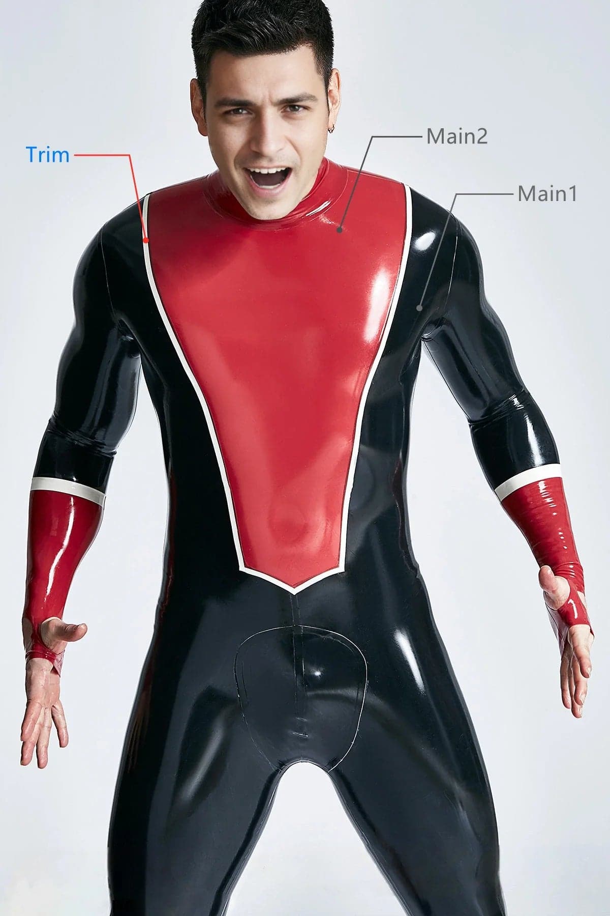 Latex Men’s Catsuit with V-Panel Chest and Fingerless Gauntlet Cuffs – Black, Red and White