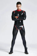 Latex Men’s Catsuit with Red Collar, Cuffs and Leotard Trim – Black and Red