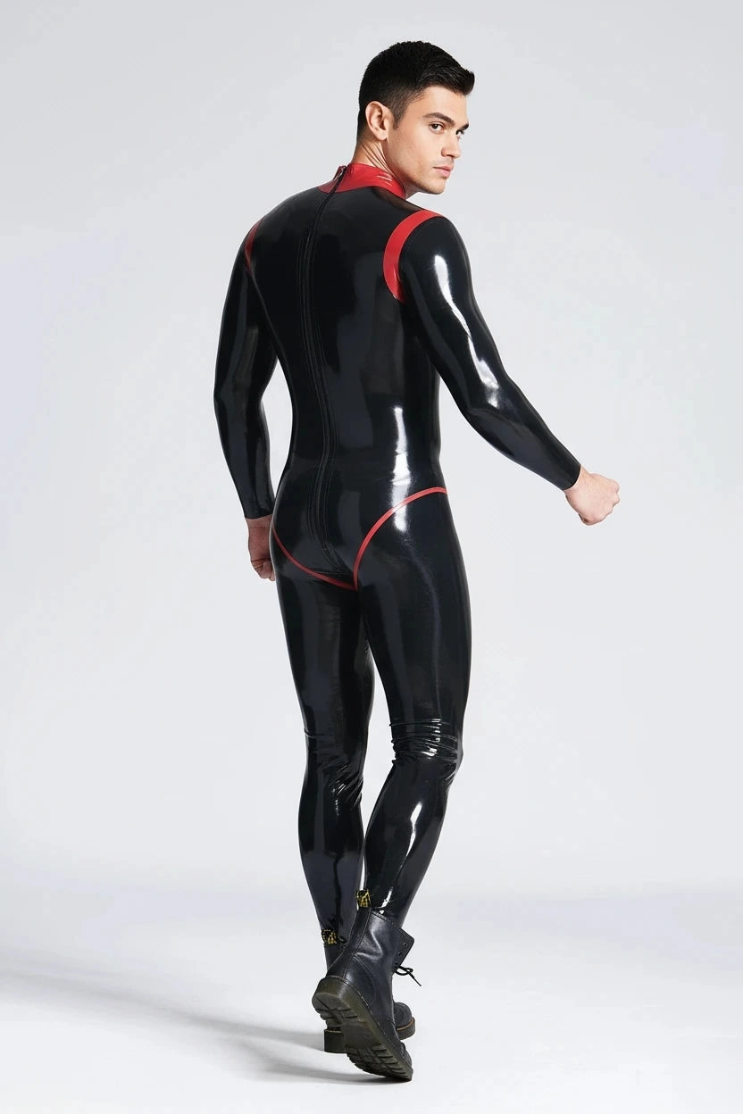 Latex Men’s Catsuit with Red Collar, Cuffs and Leotard Trim – Black and Red