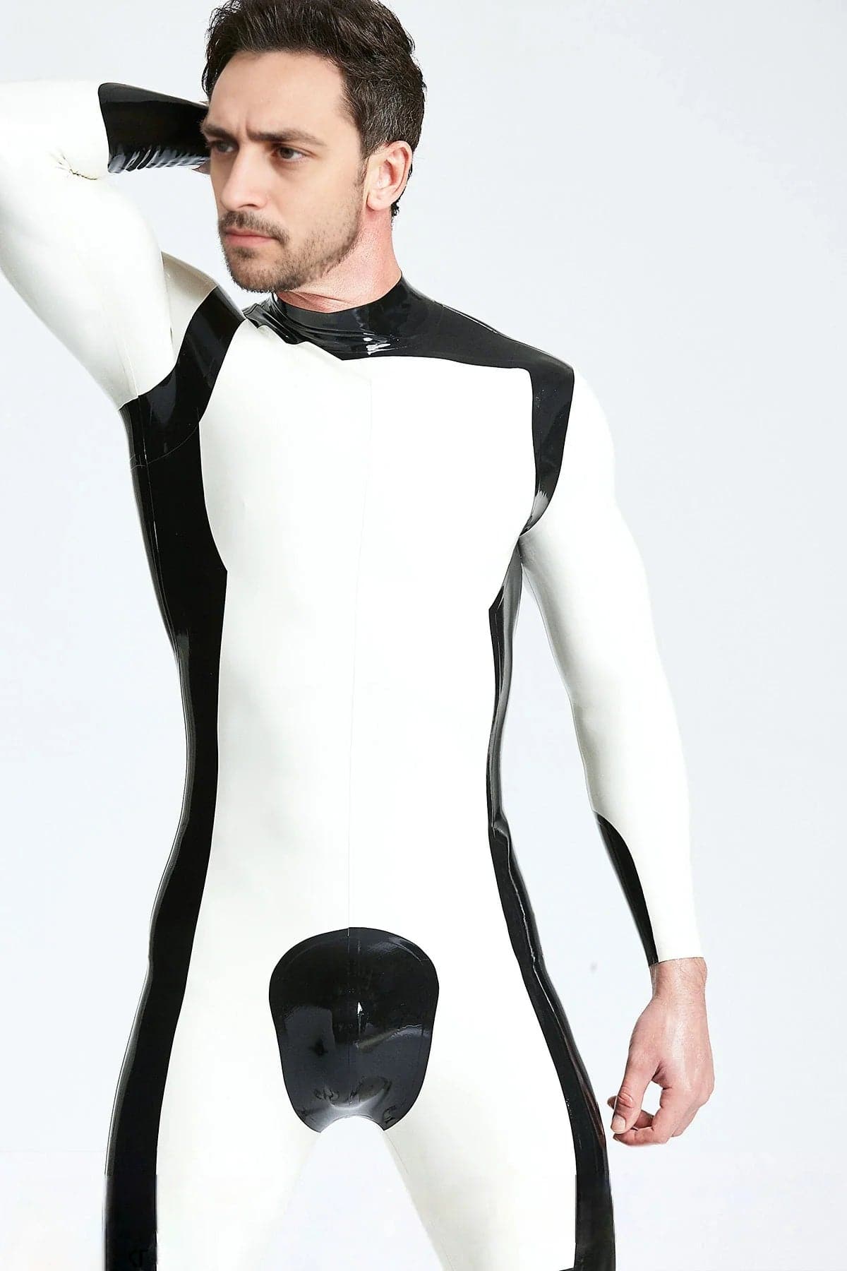 Latex Men’s Catsuit with Black Trim and Front Pouch – White