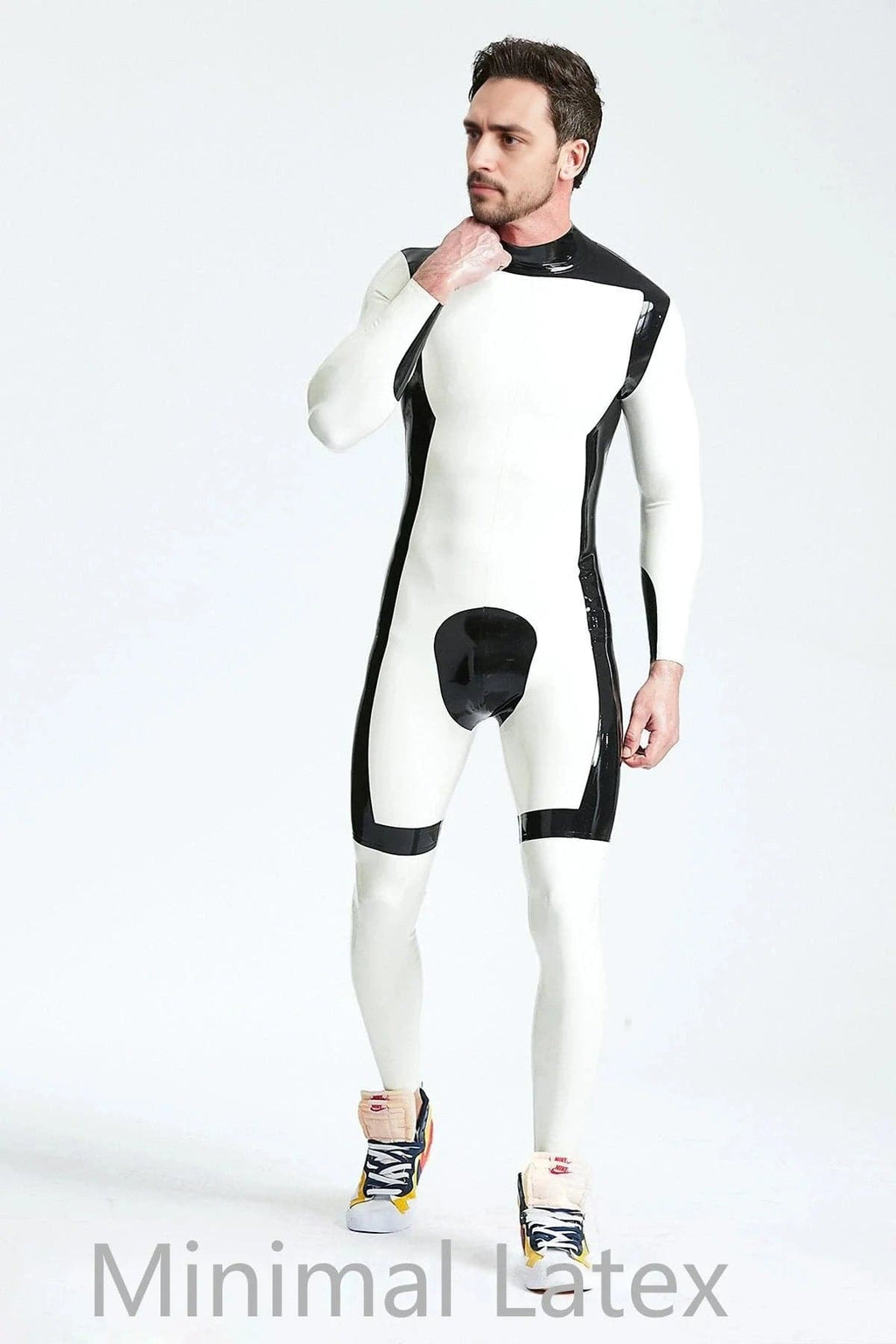 Latex Men’s Catsuit with Black Trim and Front Pouch – White