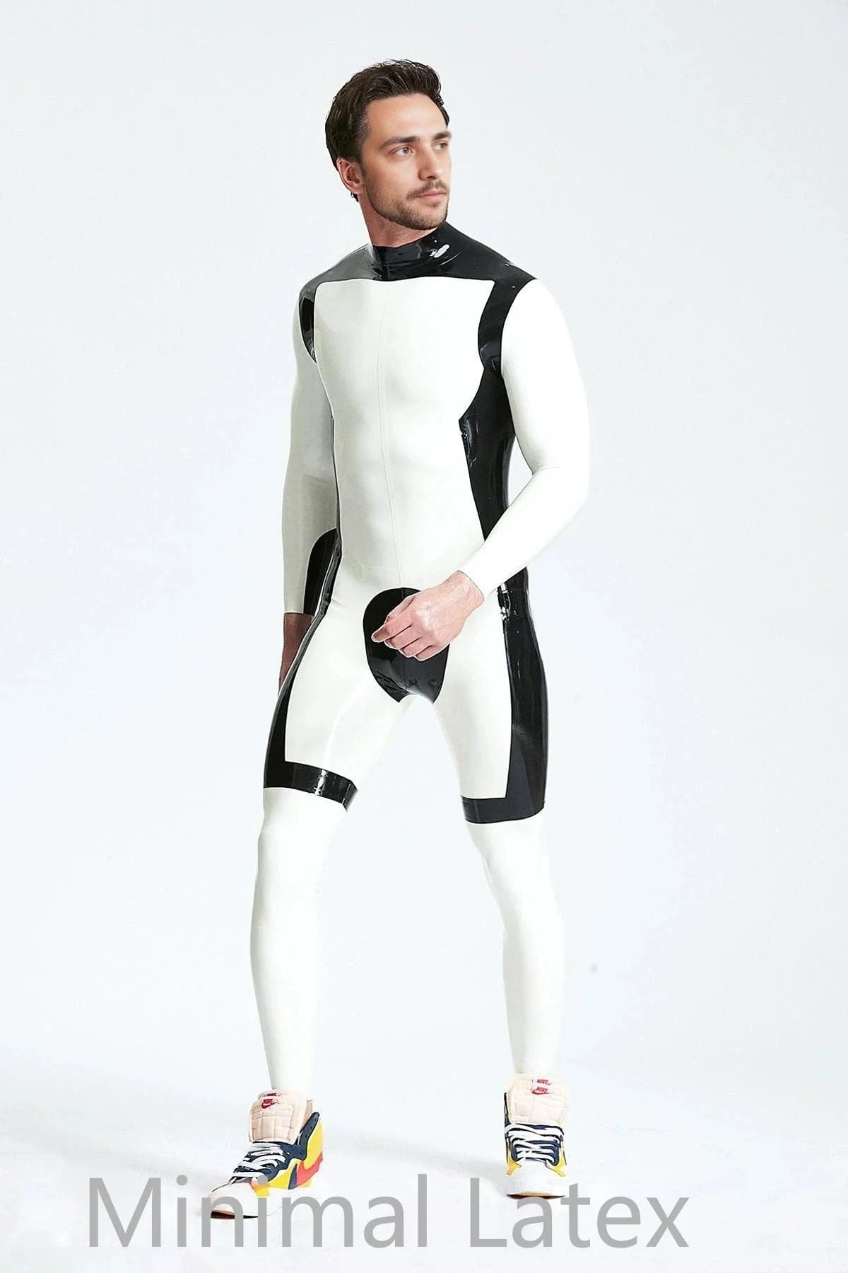 Latex Men’s Catsuit with Black Trim and Front Pouch – White