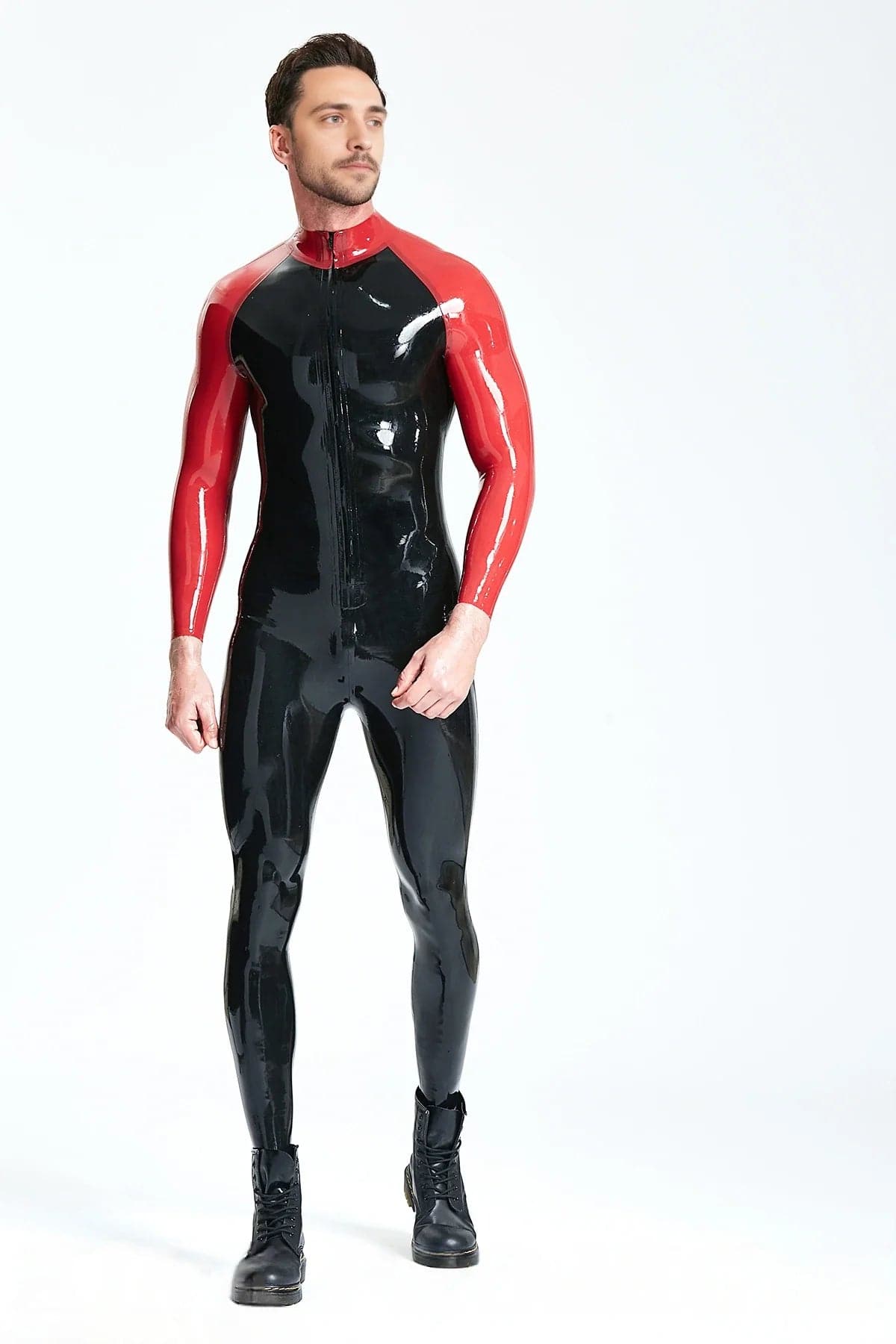Latex Men’s Catsuit with Contrast Raglan Sleeves and Collar – Black and Red