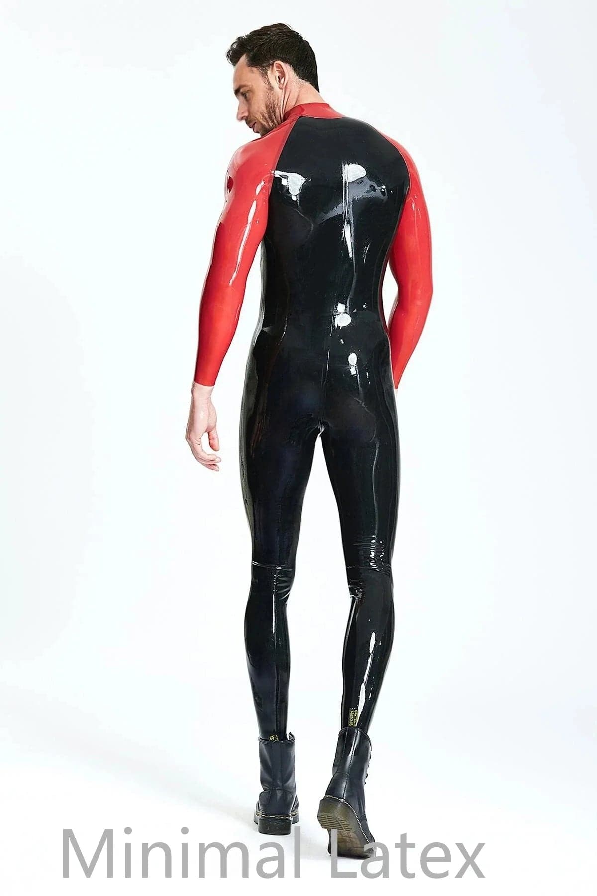 Latex Men’s Catsuit with Contrast Raglan Sleeves and Collar – Black and Red