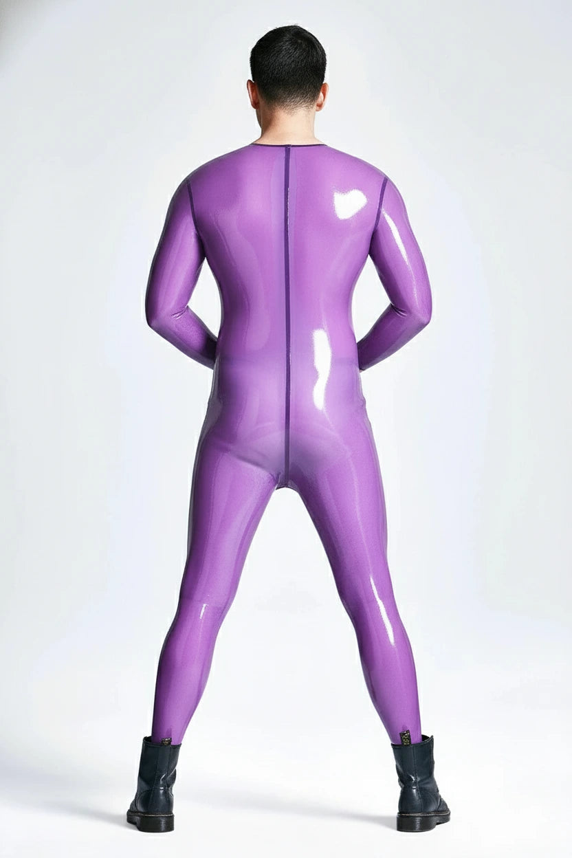 Latex Men’s Neck-Entry Catsuit with Stud Codpiece – Translucent Lilac
