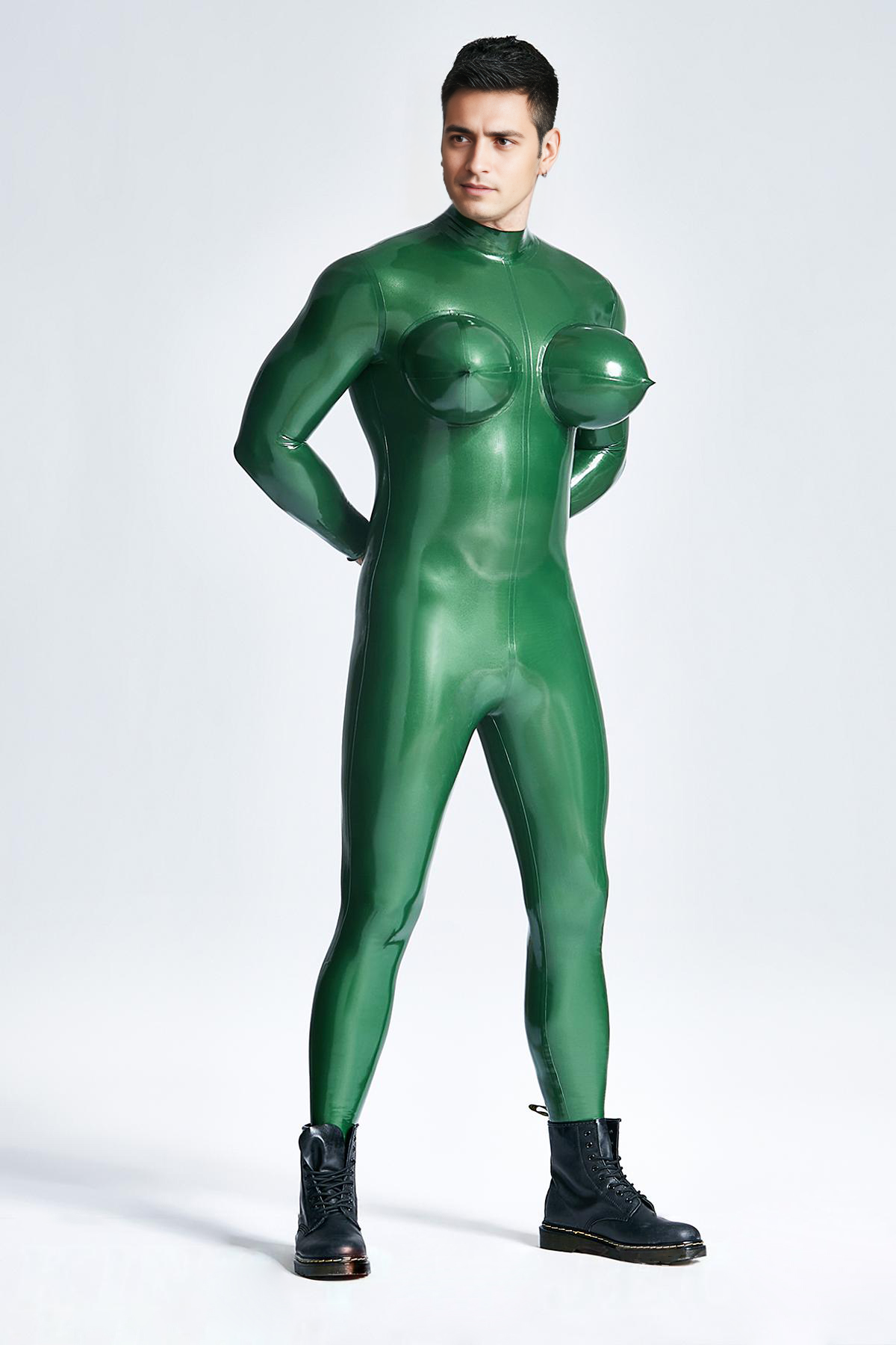 Latex Men’s Catsuit with Inflatable Breast Forms – Metallic Green