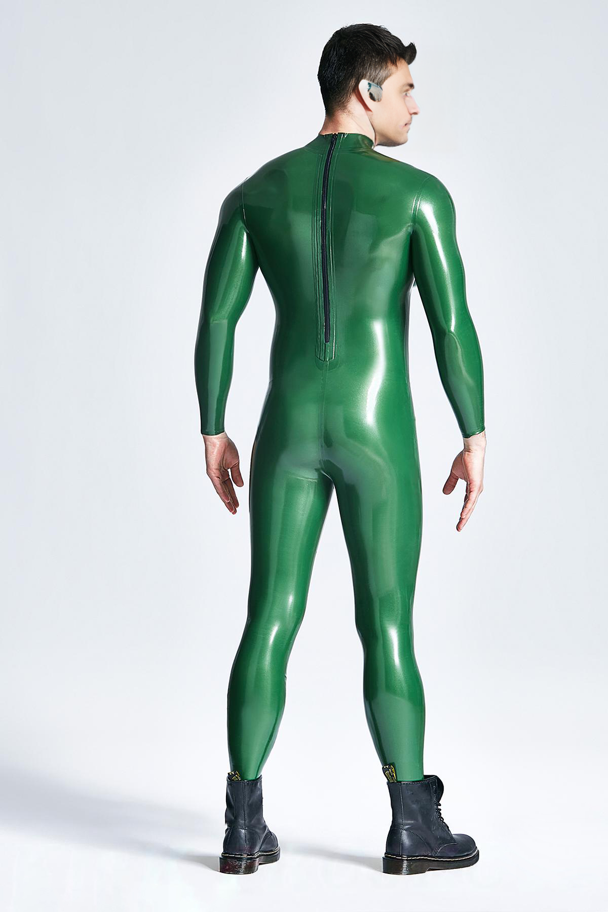 Latex Men’s Catsuit with Inflatable Breast Forms – Metallic Green
