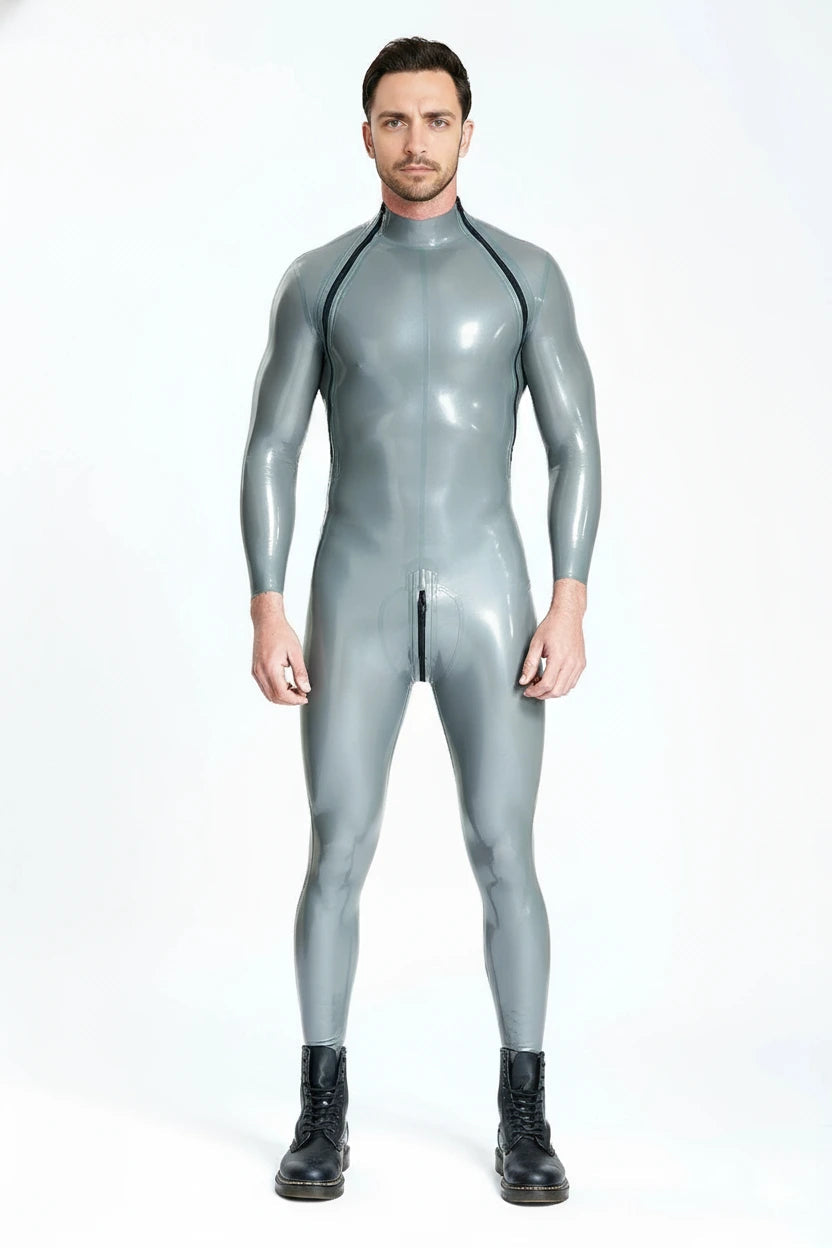 Latex Men’s Catsuit with Double Diagonal Front Zippers – Metallic Silver