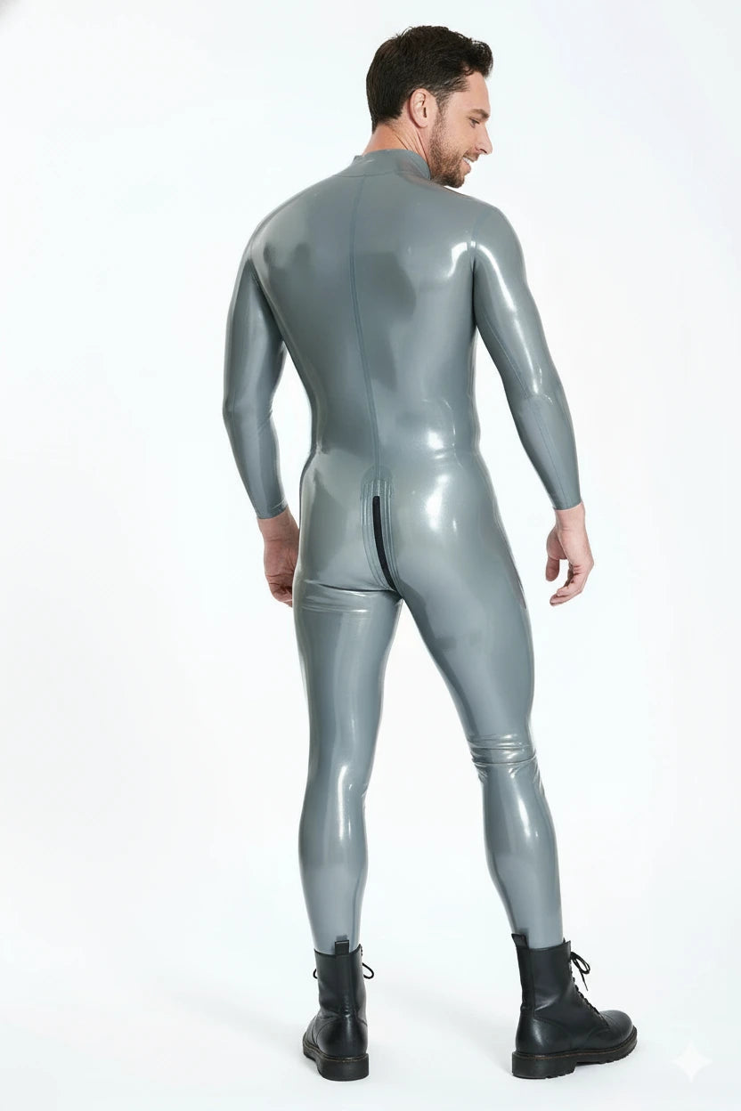 Latex Men’s Catsuit with Double Diagonal Front Zippers – Metallic Silver