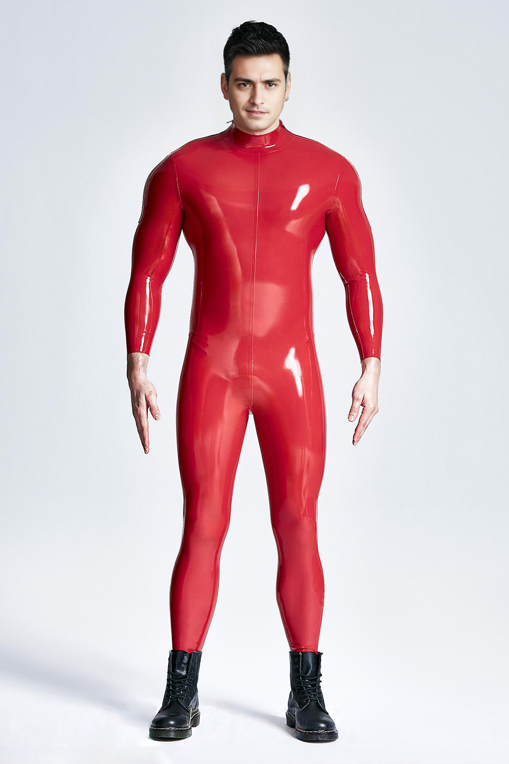 Latex Men’s Catsuit with Shoulder Zippers – Red or Sapphire