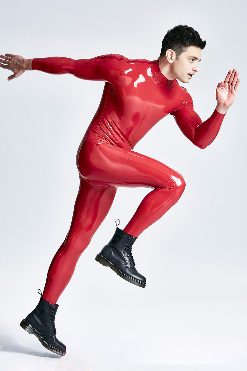 Latex Men’s Catsuit with Shoulder Zippers – Red or Sapphire