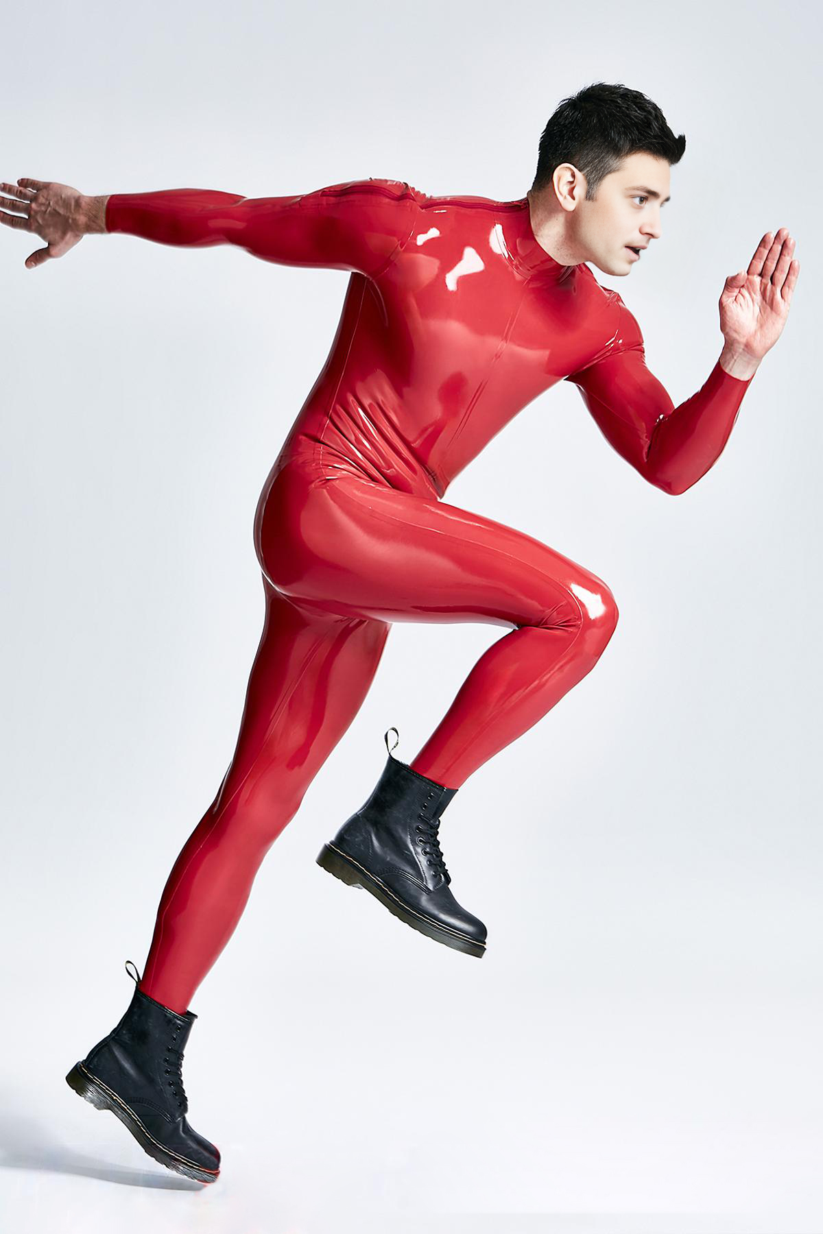 Latex Men’s Catsuit with Shoulder Zippers – Red or Sapphire