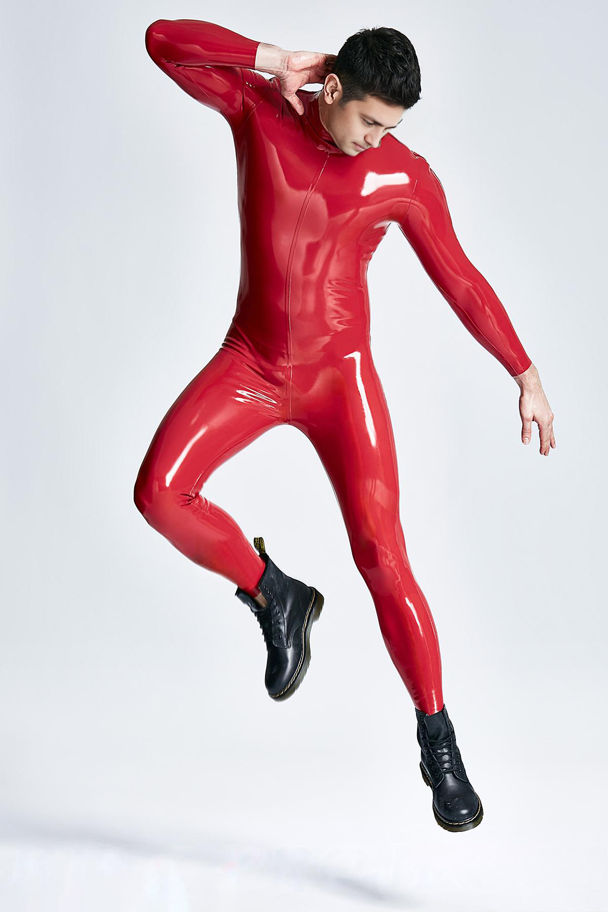 Latex Men’s Catsuit with Shoulder Zippers – Red or Sapphire