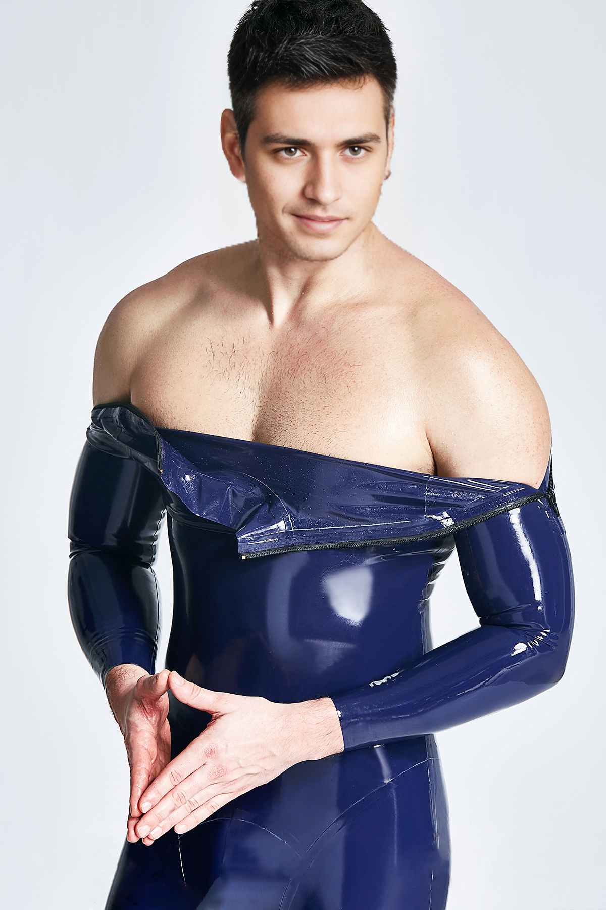 Latex Men’s Catsuit with Shoulder Zippers – Red or Sapphire