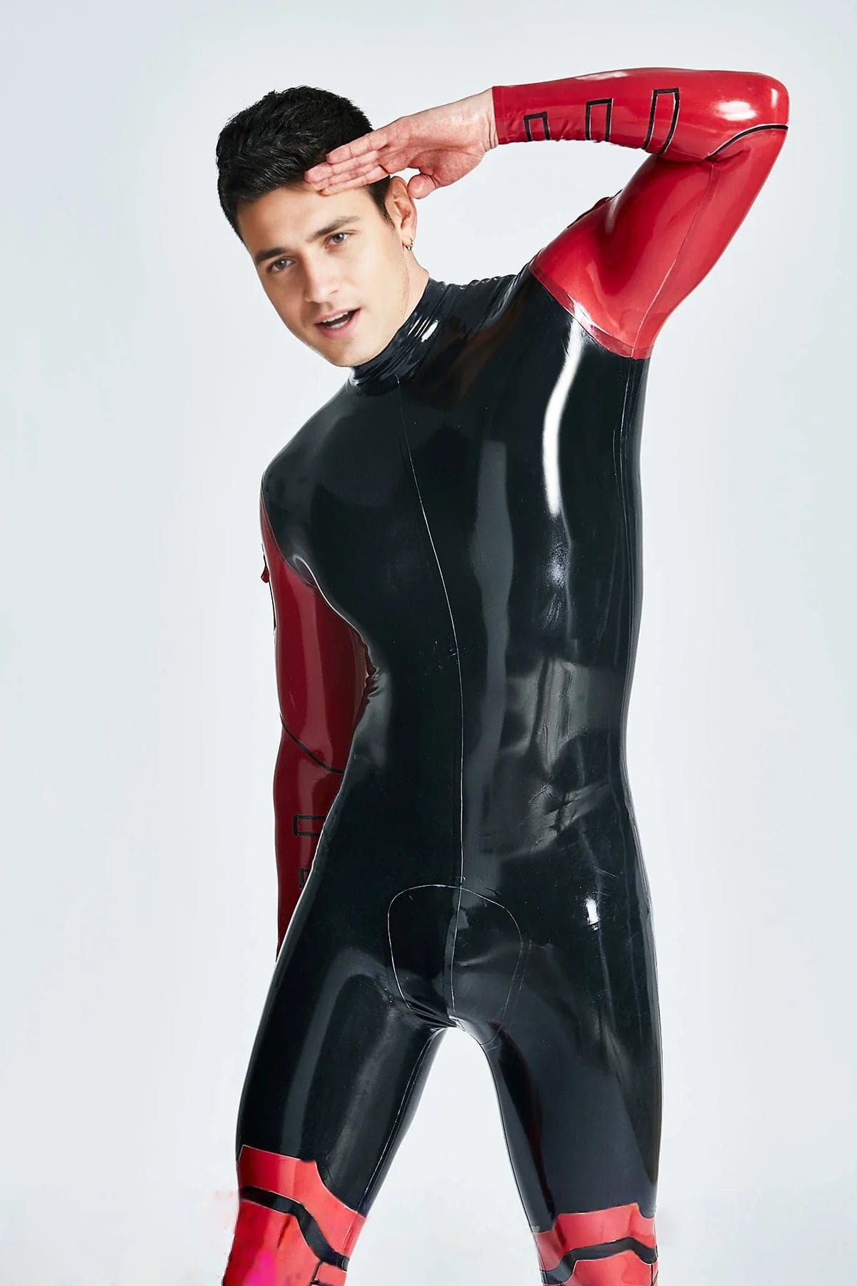 Latex Men’s Armour-Detail Catsuit with Contrast Sleeves and Leg Panels – Black and Red