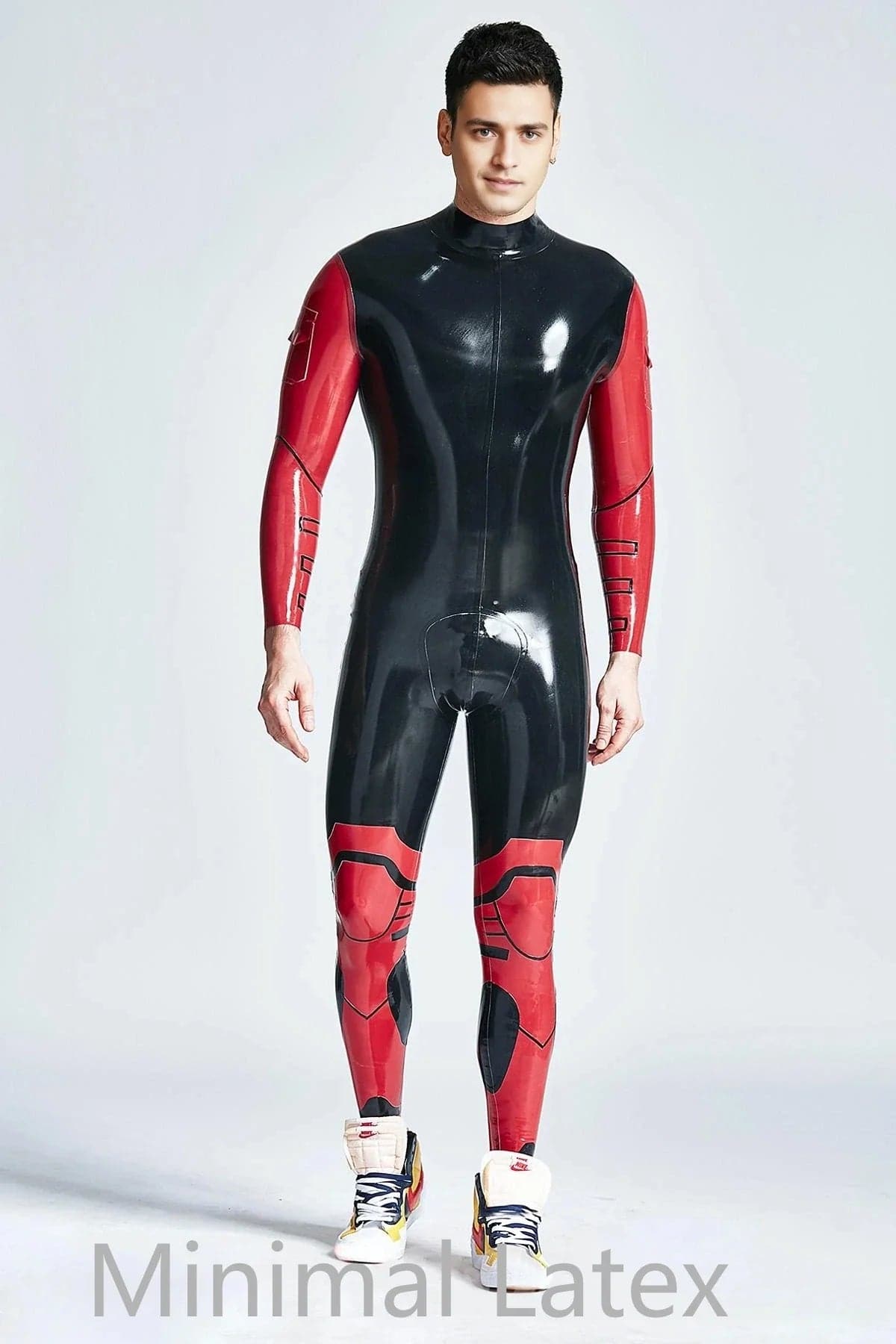 Latex Men’s Armour-Detail Catsuit with Contrast Sleeves and Leg Panels – Black and Red