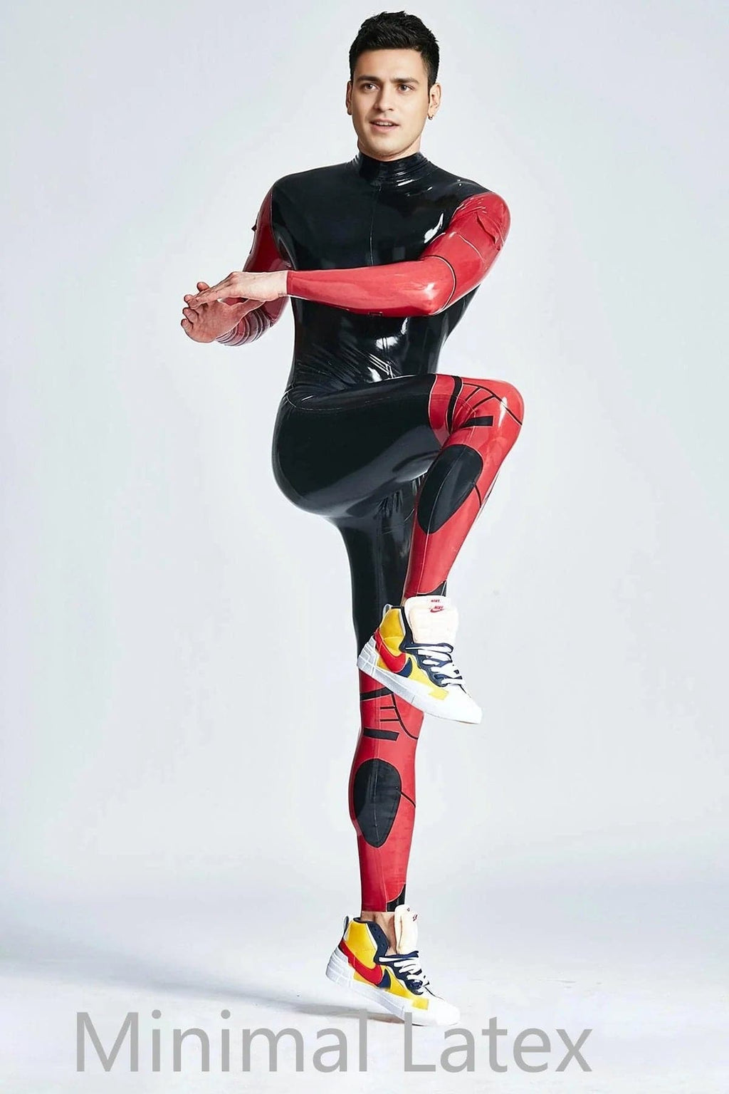 Latex Men’s Armour-Detail Catsuit with Contrast Sleeves and Leg Panels – Black and Red
