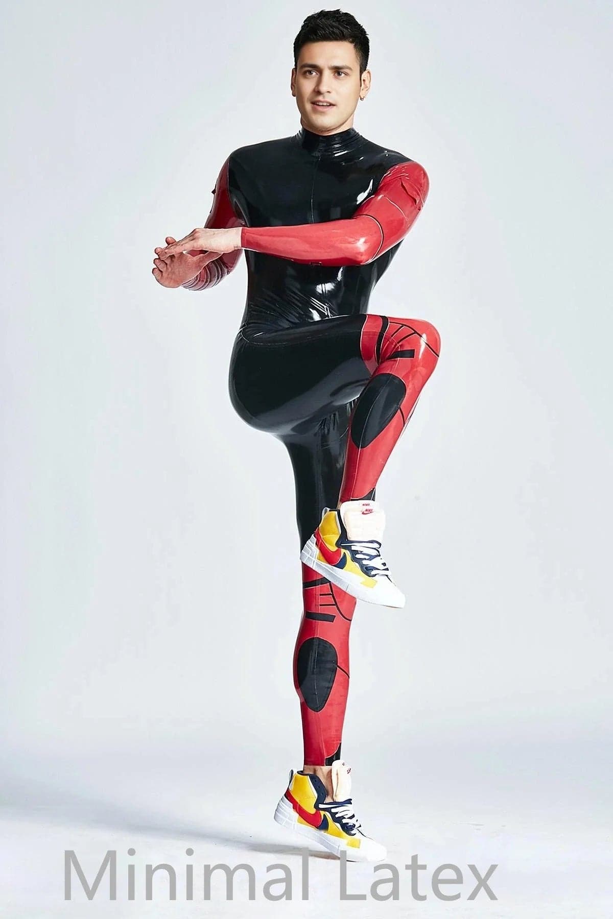 Latex Men’s Armour-Detail Catsuit with Contrast Sleeves and Leg Panels – Black and Red