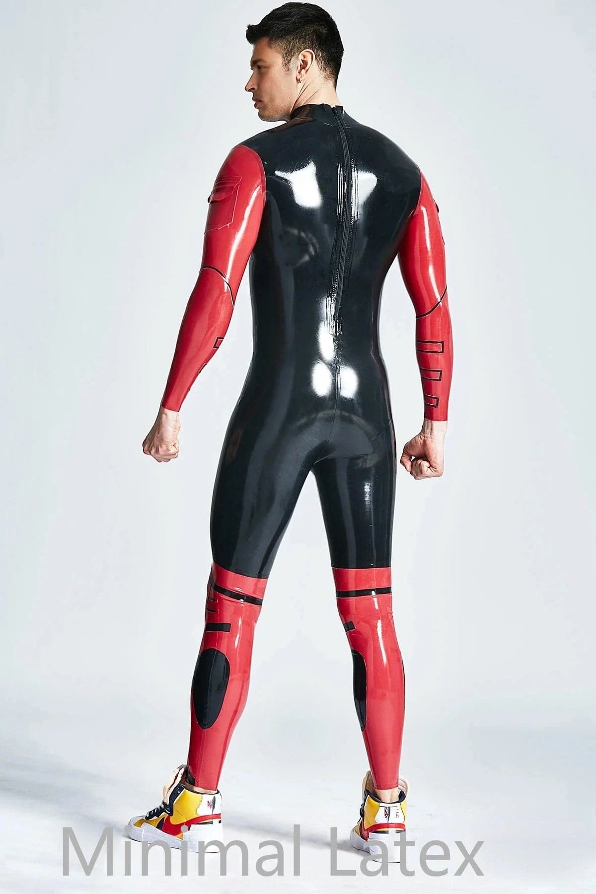 Latex Men’s Armour-Detail Catsuit with Contrast Sleeves and Leg Panels – Black and Red