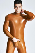Latex Men’s Neck-Entry Catsuit with Front Pouch – Gold