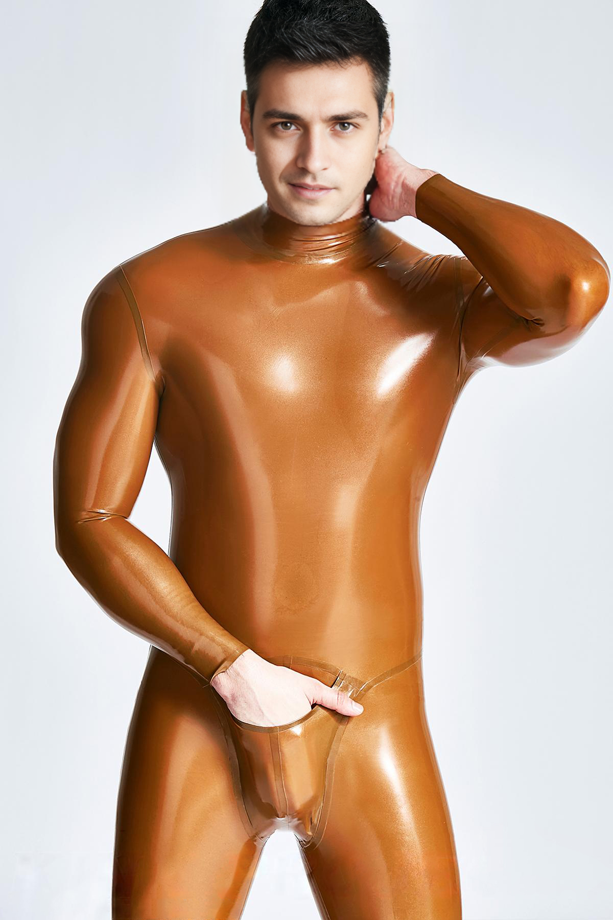 Latex Men’s Neck-Entry Catsuit with Front Pouch – Gold