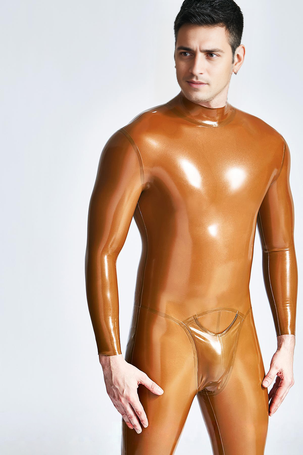 Latex Men’s Neck-Entry Catsuit with Front Pouch – Gold