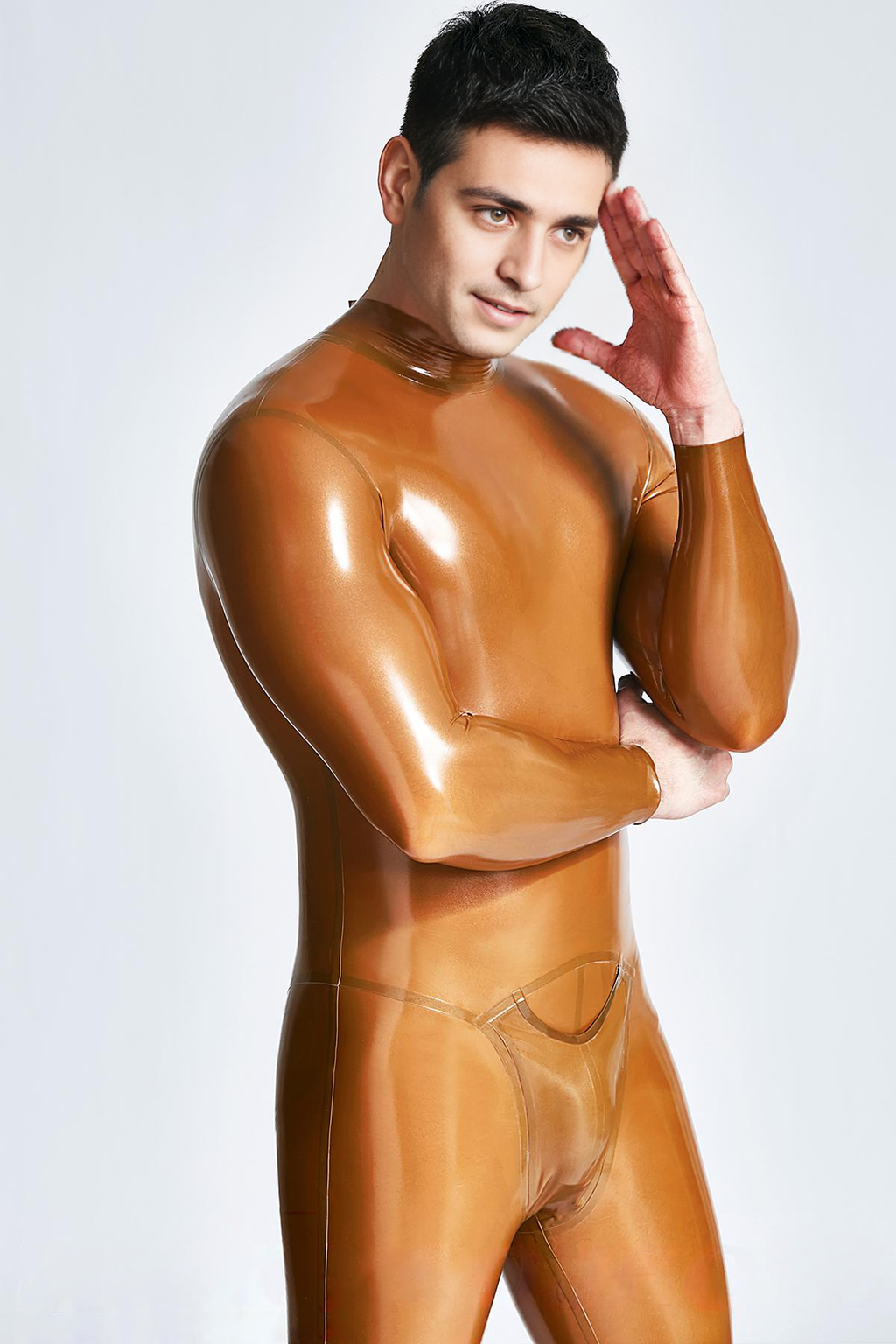 Latex Men’s Neck-Entry Catsuit with Front Pouch – Gold