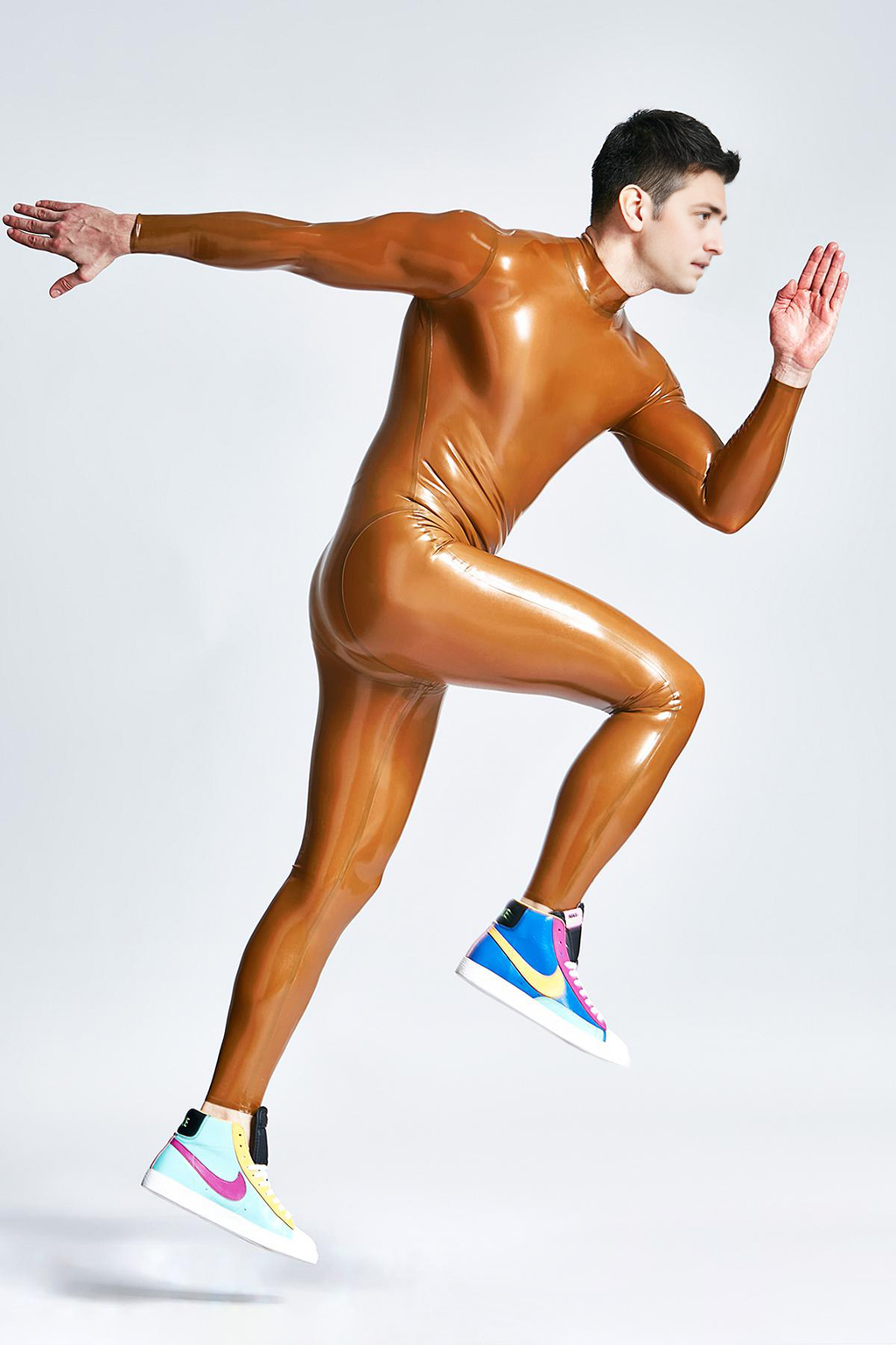 Latex Men’s Neck-Entry Catsuit with Front Pouch – Gold