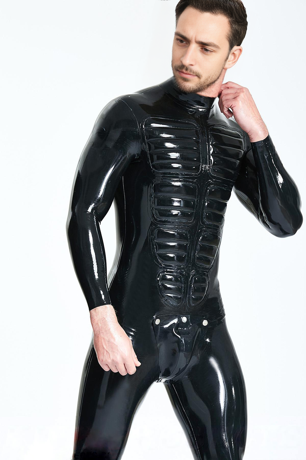 Latex Men’s Catsuit with Padded Chest Detail and Studded Codpiece – Black