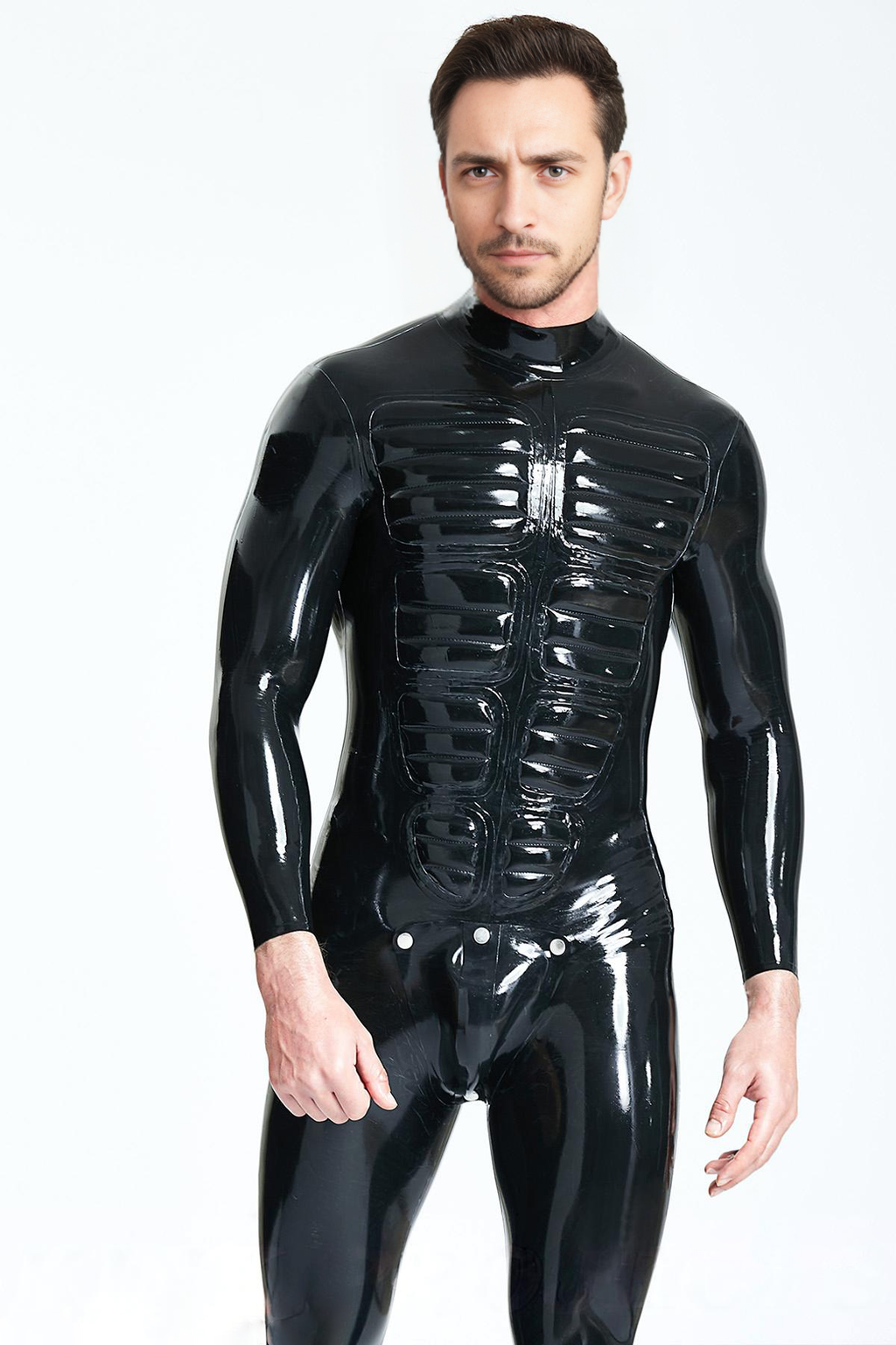 Latex Men’s Catsuit with Padded Chest Detail and Studded Codpiece – Black