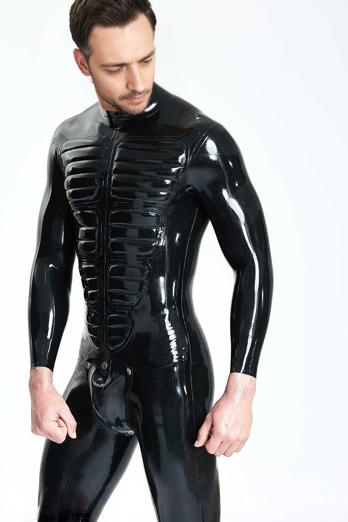 Latex Men’s Catsuit with Padded Chest Detail and Studded Codpiece – Black