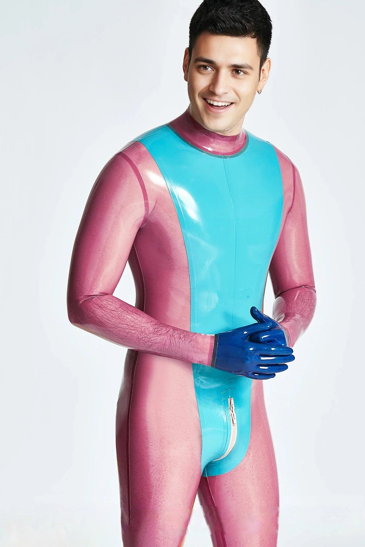 Latex Men’s Neck-Entry Catsuit with V-Panel – Light Blue and Lilac