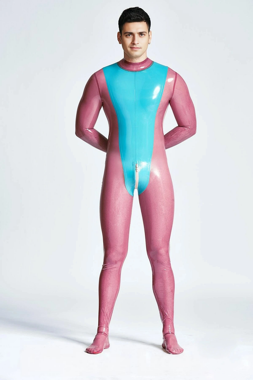 Latex Men’s Neck-Entry Catsuit with V-Panel – Light Blue and Lilac
