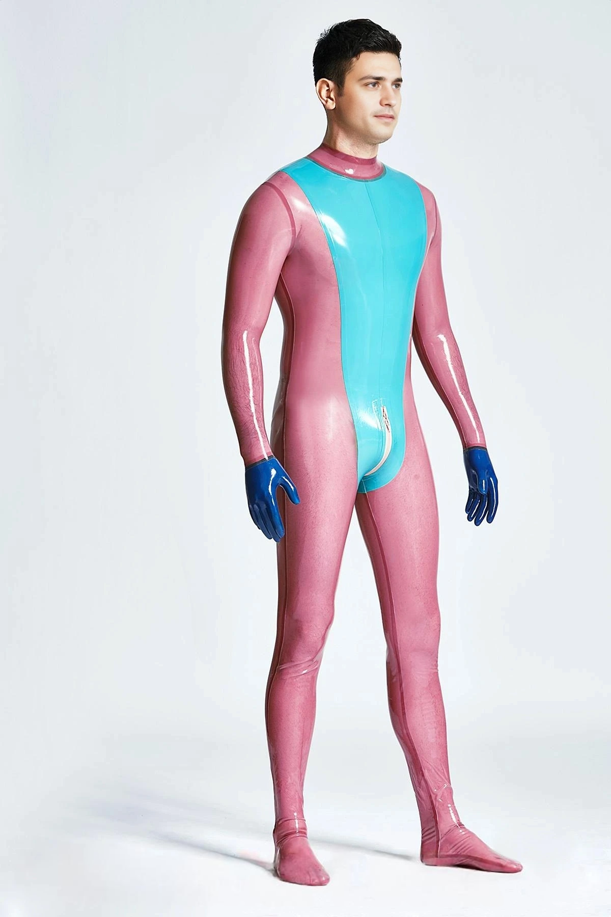 Latex Men’s Neck-Entry Catsuit with V-Panel – Light Blue and Lilac