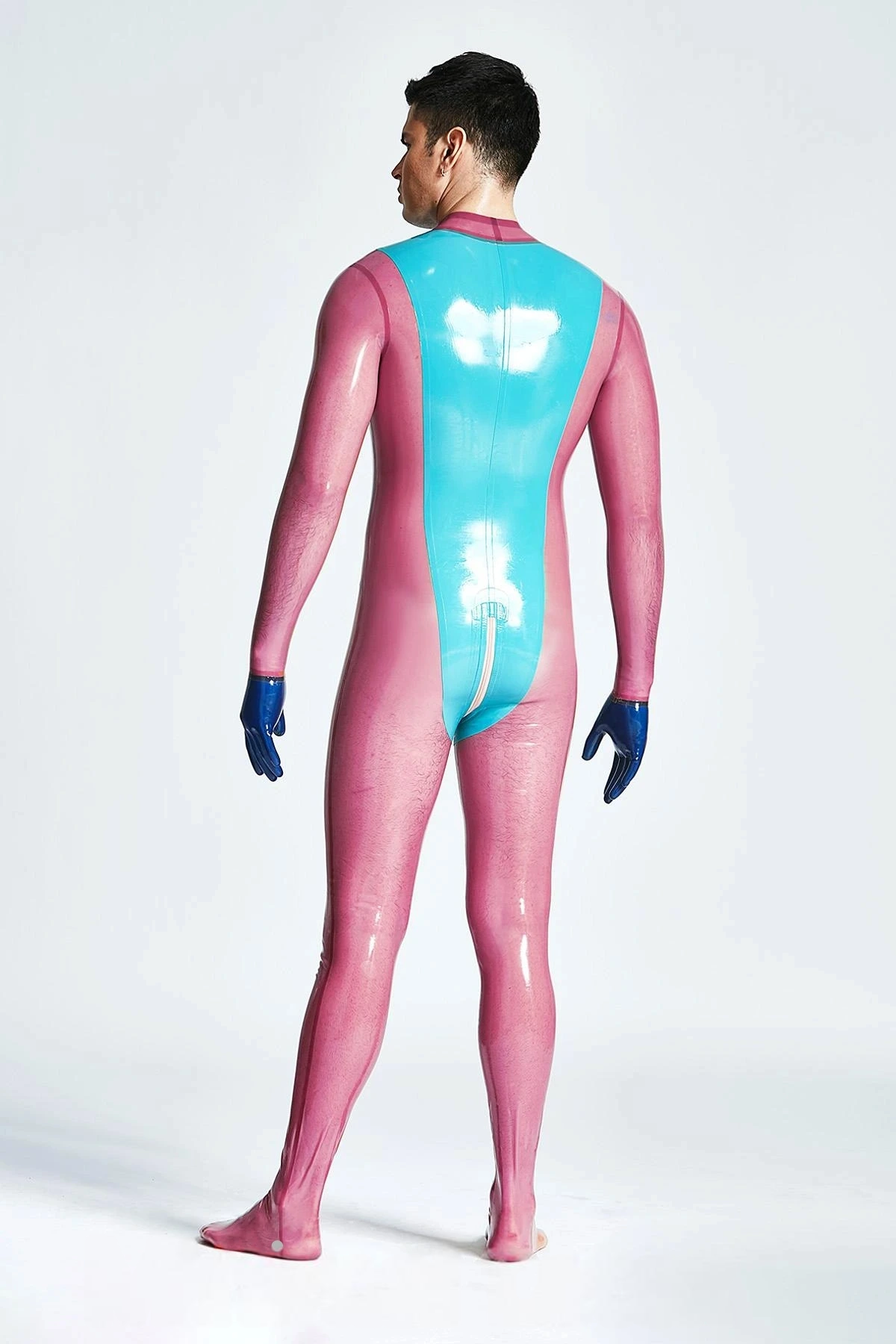 Latex Men’s Neck-Entry Catsuit with V-Panel – Light Blue and Lilac