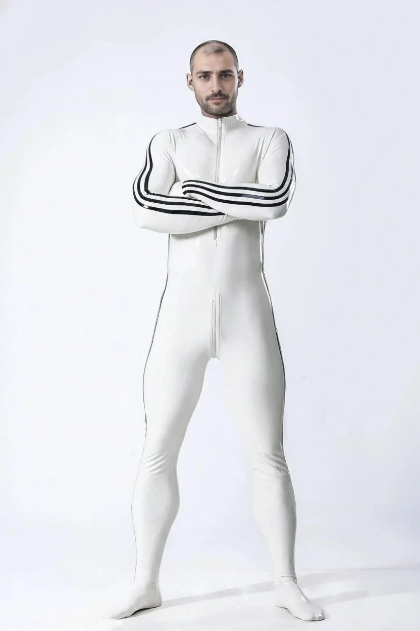 Latex Men’s Catsuit with Three-Stripe Sleeve Detail – White and Black