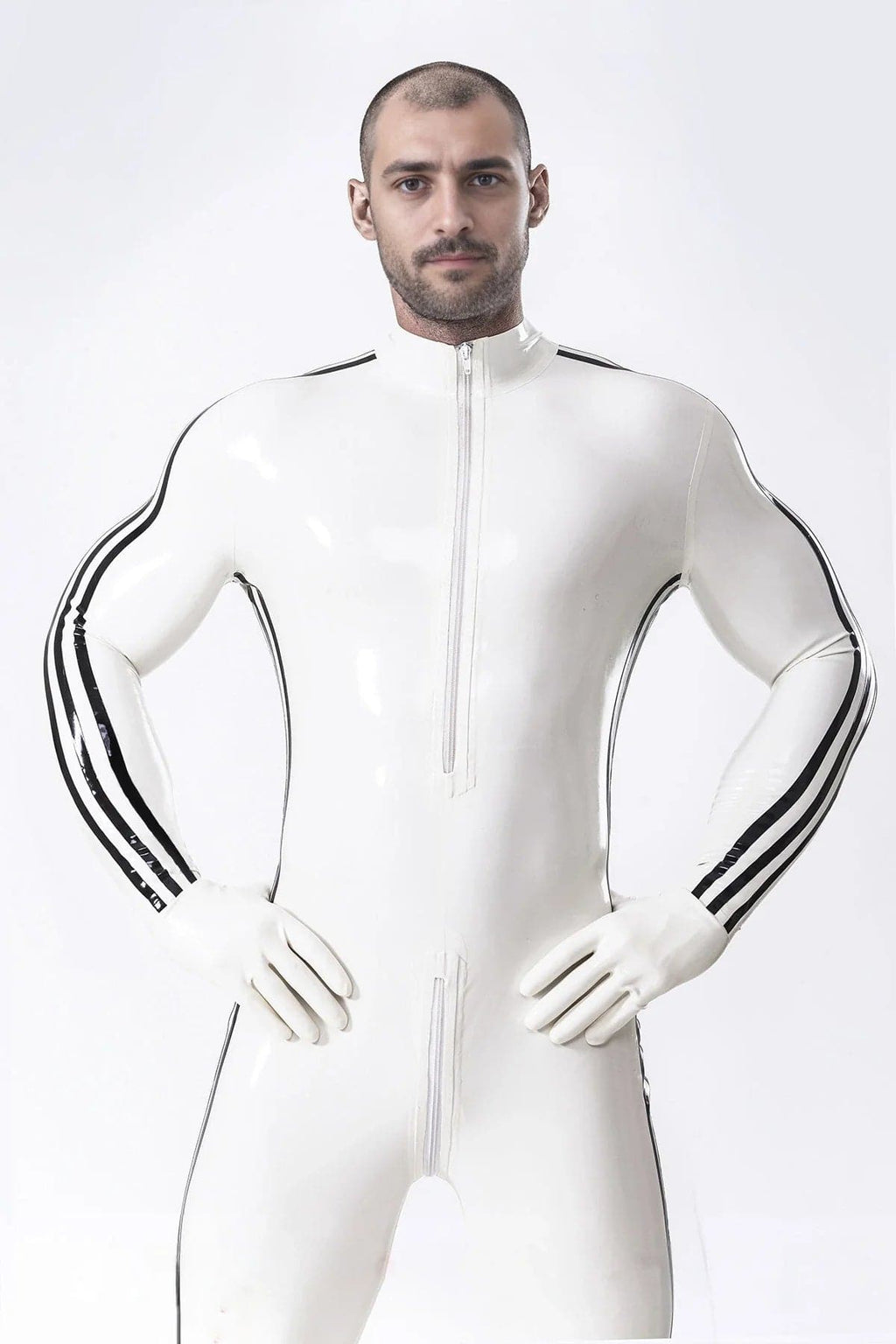 Latex Men’s Catsuit with Three-Stripe Sleeve Detail – White and Black