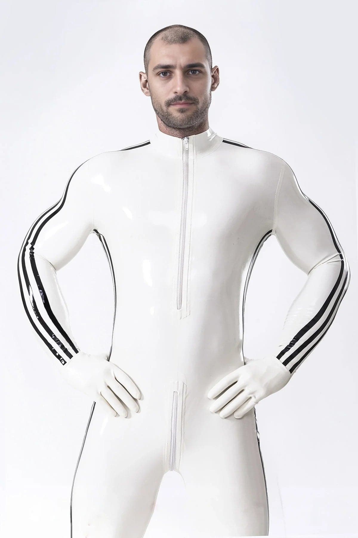 Latex Men’s Catsuit with Three-Stripe Sleeve Detail – White and Black